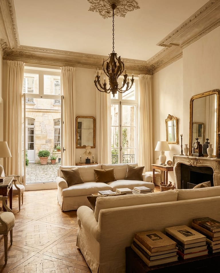 Pied-à-terre, Paris Marais Pied-à-terre parisien dans le Marais, parquet versailles, hauts plafonds avec moulures patinées, mobilier crème, baie sur cour pavée