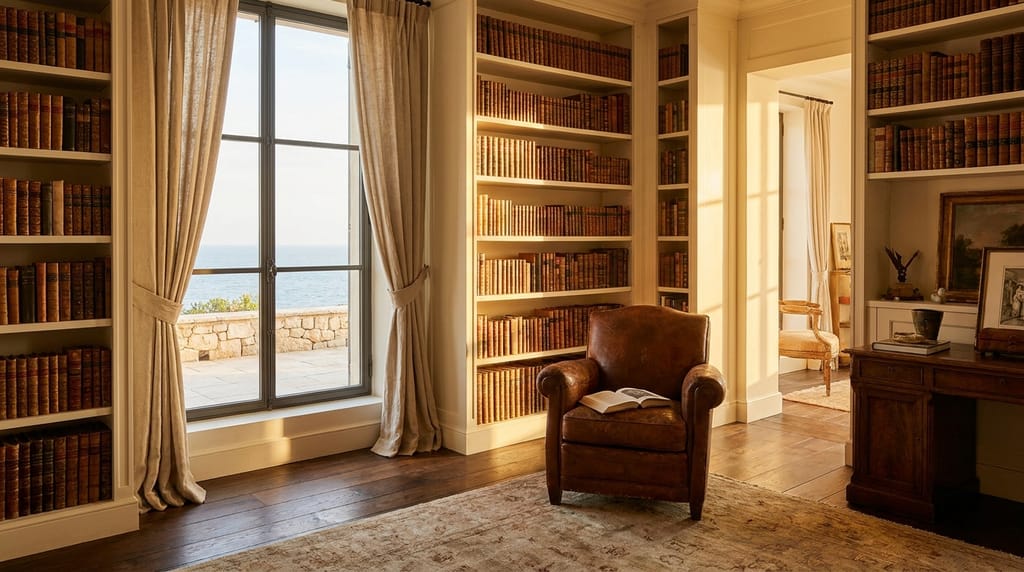 Bibliothèque face à la mer Bibliothèque d'une demeure côtière, parquet à l'ancienne, baie ouverte sur une terrasse face à la mer, lin et lumière de fin d'après-midi