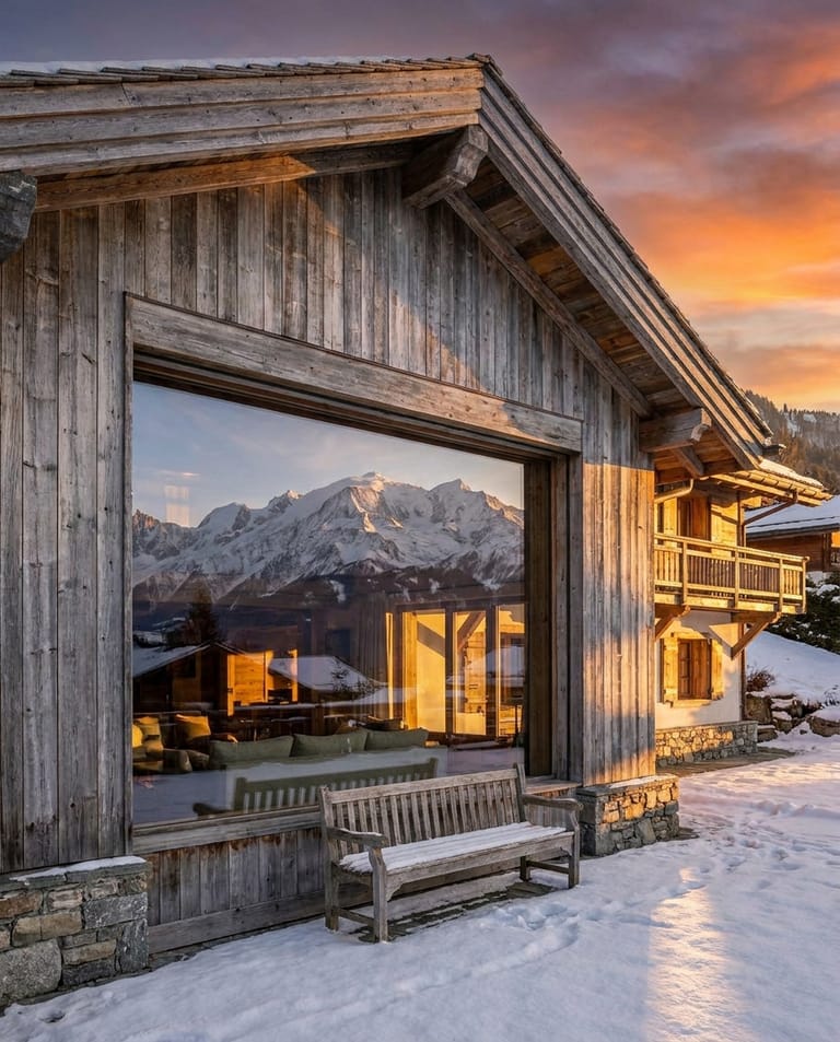 Chalet d'Altitude, Megève Chalet d'altitude à Megève, façade en mélèze patiné argent, large baie panoramique cadrant le massif du Mont-Blanc enneigé, neige profonde