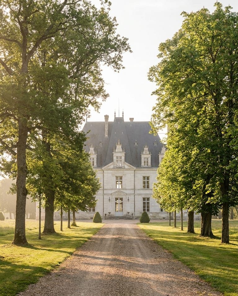 Demeure familiale, Touraine Demeure familiale du XIXᵉ siècle en Touraine, façade en tuffeau blanc, allée d'arbres centenaires, parc à l'anglaise, lumière dorée d'arrière-saison