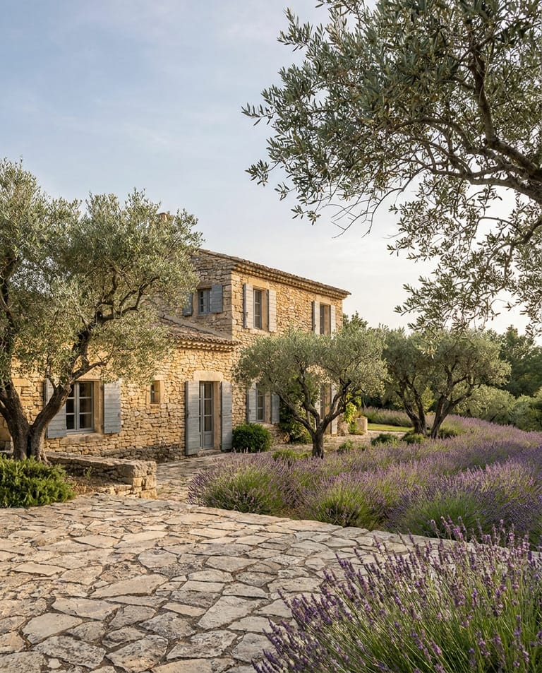 Mas des Oliviers, Eygalières Mas provençal en pierre dorée à Eygalières, volets gris bleu, oliveraie en avant-plan, lavandes en fleur, terrasse en pavés irréguliers