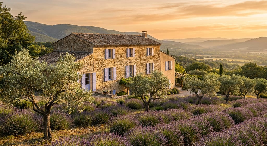 Mas provençal à Bonnieux Mas provençal à Bonnieux, façade en pierre dorée, volets bleu lavande patinés, oliveraie centenaire et lavandes en arrière-plan