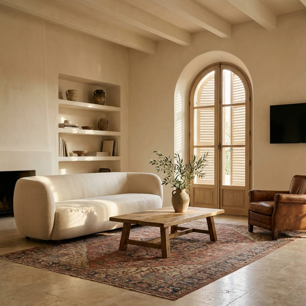 Salon villa méditerranéenne Salon d'une villa méditerranéenne, murs chaulés ivoire, sol en travertin, mobilier en lin écru et bois patiné, lumière dorée filtrant par les volets