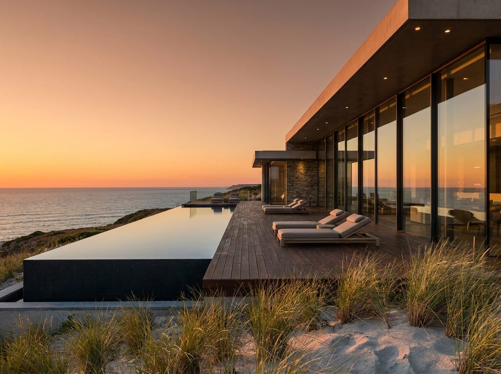 Villa face à l'océan atlantique Villa moderne face à l'océan atlantique, baies vitrées du sol au plafond, terrasse en bois exotique, piscine à débordement sur l'horizon Manche