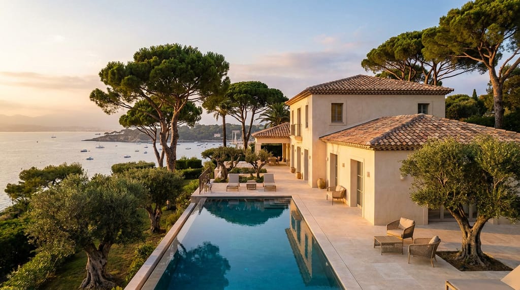 Villa Aurora, Cap d'Antibes Villa Aurora au Cap d'Antibes, façade en pierre chaulée ivoire, terrasse en travertin face à la baie, piscine miroir et pins parasols centenaires