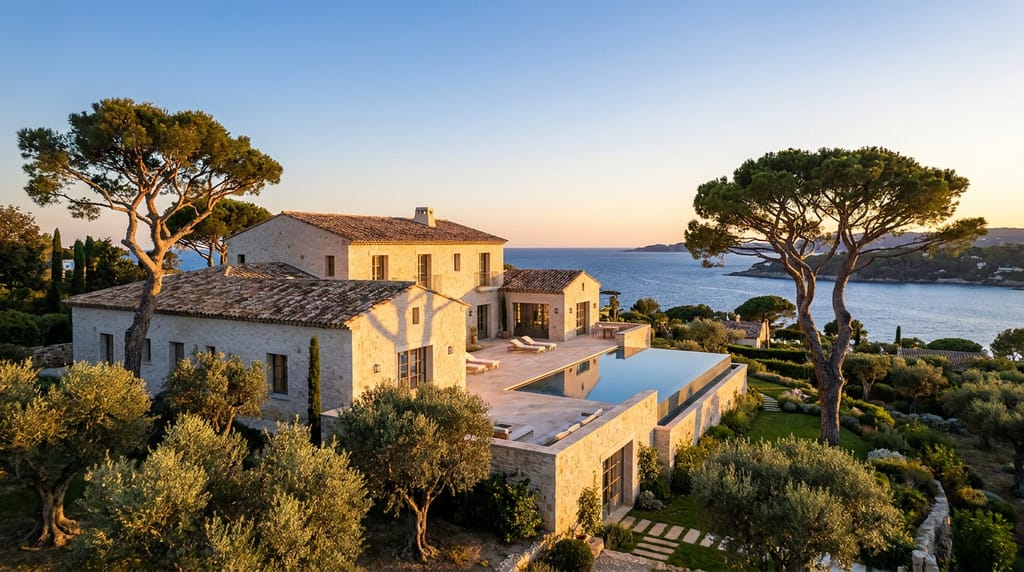 Villa de prestige, Saint-Tropez Villa méditerranéenne à Saint-Tropez, façade en pierre claire chaulée, terrasse en travertin ouverte sur les pins parasols et la baie au crépuscule