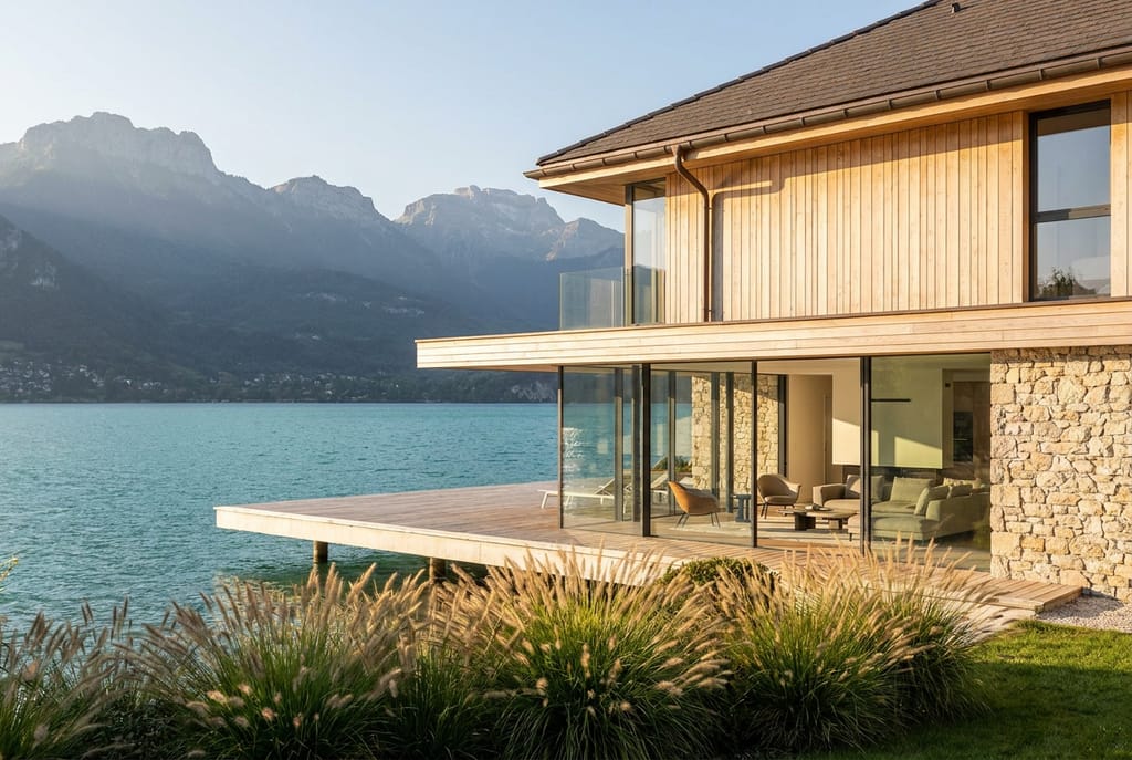 Villa Lacustre, lac d'Annecy Villa lacustre au bord du lac d'Annecy, façade en bois clair et pierre, terrasse en porte-à-faux au-dessus de l'eau cristalline, vue sur les Alpes